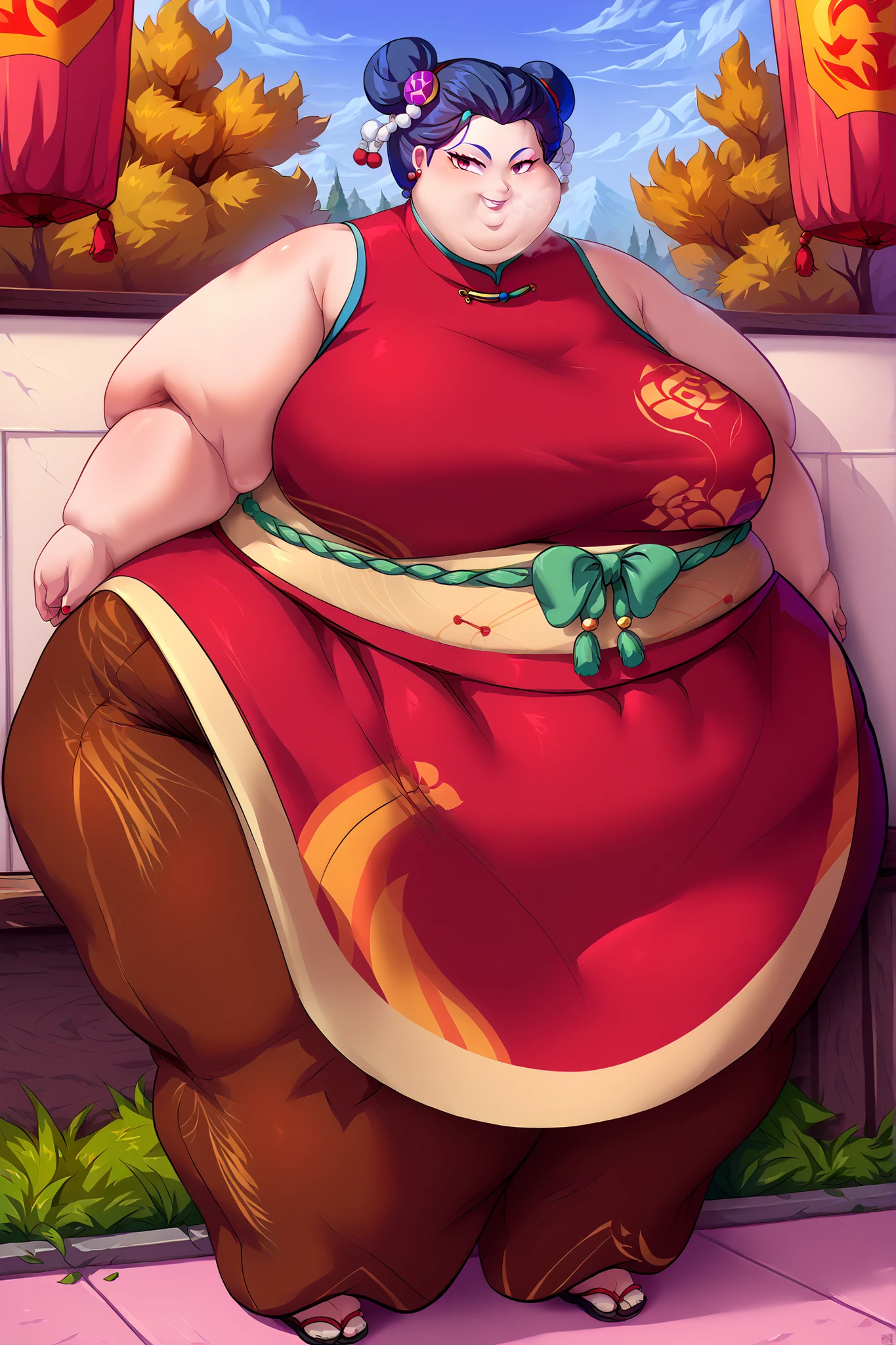 Fat, chubby, large belly, pregnant, obese, very fat, beidou, big belly, very fat, large stomach, chubby (best quality, masterpiece), thanksgiving, wearing sweater, grabbing belly, sitting down, table with of food, table tons of food, lots of food, holding belly, table with food, standing, wearing sweater, Christmas, Holiday, Christmas cookie, ningguang from genshin impact