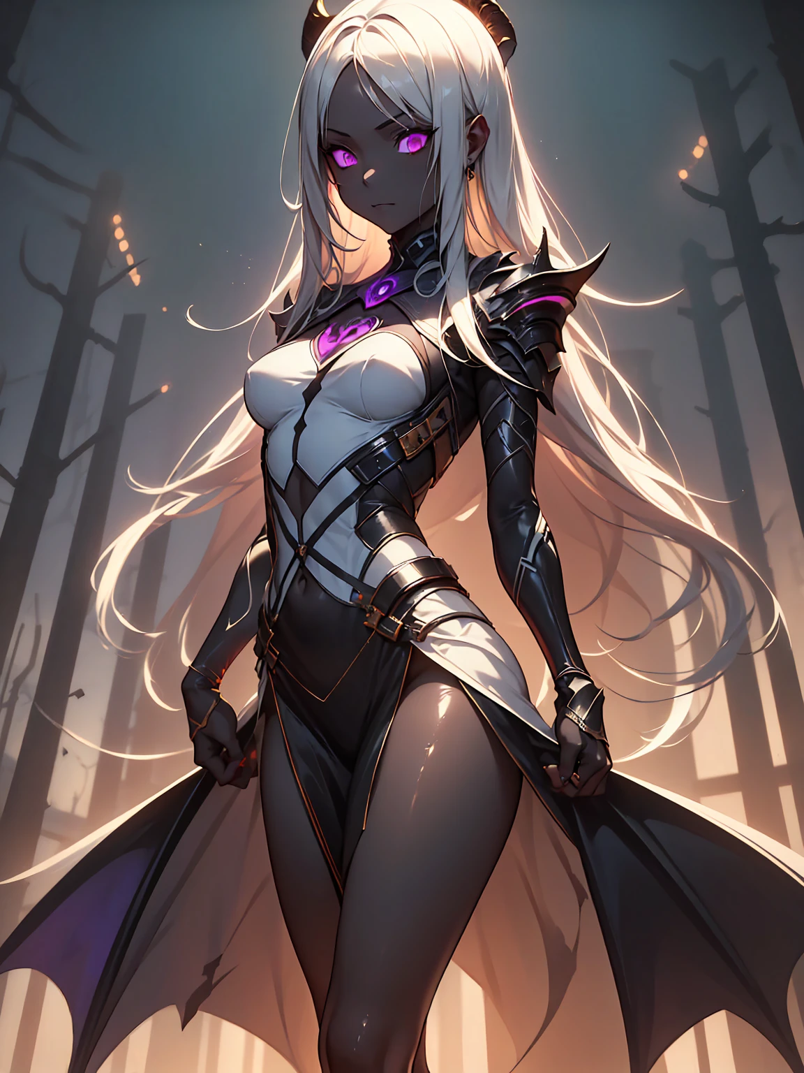 Beautiful Alluring female drow knight, she wears an ornate horned crown, Mythological theme, fantasy theme, purple skin, blond long white hair, Red eyes, cup size, Very , Inside a magical dark bioluminescent mushroom forest., Barely dressed, gothic armor bikini with spikes, Beautiful D&d character portrait, Beautiful Fantasy, detailed, Digital art, extreme detail, polished, Beautiful, hyper-detailed, difficult, Develop, meticulous, Anime Character, detailed, anime face, Sharp Focus, unreal engine, 3D rendering, Volumetric lighting, reflections, Glossy, digital illustration, sensual pose, defiant pose, full body shot, small firm breasts, Anatomically correct 💖❤💕💋❣