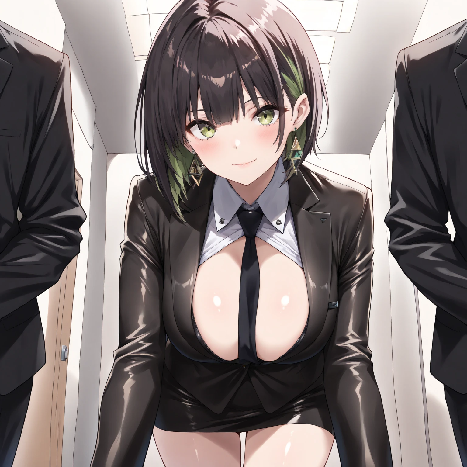 absurdres, RAW photo, extremely delicate and beautiful, masterpiece, Best Quality, ultra high resolution, 16k, hyperrealistic, ultra-detailed, (perfect anatomy), super Detailed skin, perfect figure, Very detailed CG 8k wallpaper, in her 20s, very Slim body, narrow waist, very small head, very small face, delicate facial features, tearful mole, mole on chest, earring, thin legs, (very huge round breasts), ((3 girls)), full body shot, short hair, wavy hair, ((office lady suit)), sleeveless, navel, cleavage, outdoor,