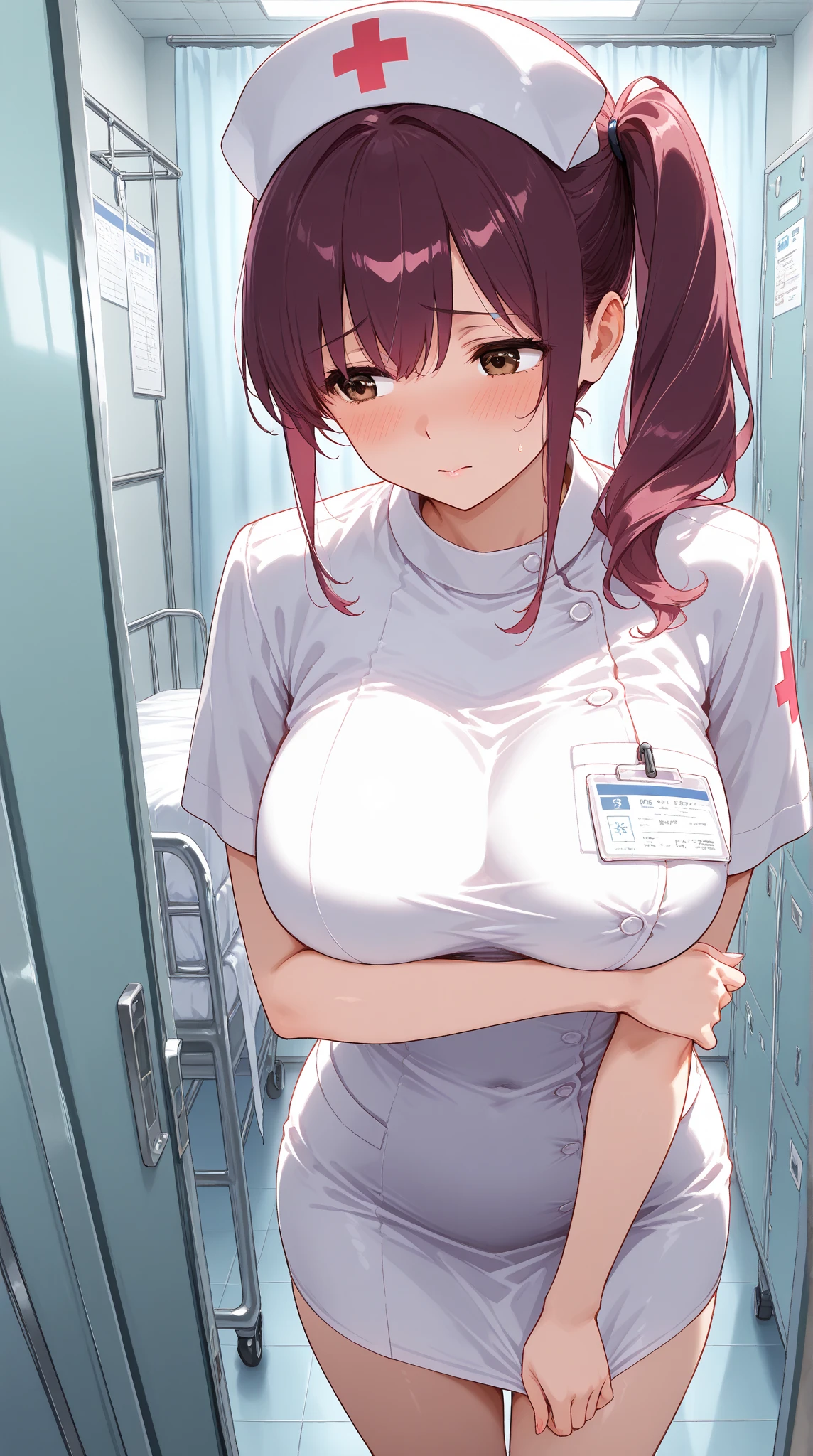 master piece , best quality , ultra detailed , woman , smile , shiny hair , beautiful eyes , kawaii , cute , Nurse uniform, white scrub top, pants, ID badge, warm smile, hospital background