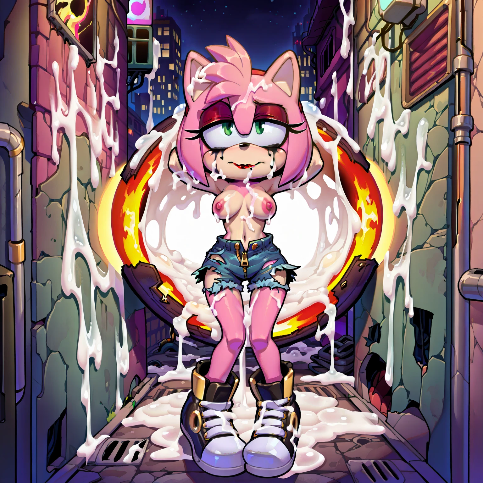 High quality、16 km race、anime screen capture、(((NSFW)))、(((bukkake)))、Lori、low length、(((smaller breasts)))、(obesity)、(thick thighs)、(Pink hair)、(((Wavy Hair)))、Ahoge、(Barrette)、 (short hair)、bob cut、(dripping sweat)、:o、(((wavy mouth)))、(Mouth wide open)、((Orange eyes))、white sleeveless shirt、Pink ribbon、yellow ruffle mini skirt、light blue striped knee socks、Light blue striped panties、yellow headphones、big ass、(cat pose)、(((((embarrassing)))))、Hands behind the head、both armpits、idol costume、on the light up stage、sitting on the floor、legs spread、