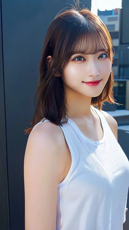 highest quality, shape, Very detailed, finely, High resolution, 8k wallpaper, Perfect dynamic shape, Beautiful and detailed, Summer clothes,Medium Hair,Natural color lip,smile,20-year-old girl、Midnight、Beautiful and elaborate face、Perfect and beautiful face、Slim face and figure,spread your arms wide,Big eyes,Take a photo with your face raised from below your knees、Small face、Beautifully detailed face、Perfect and beautiful double eyelids、Big cleavage、Long, slender legs、One Woman、gravure、Watching the audience、full body、Looking into the distance、basketball、Sportswear