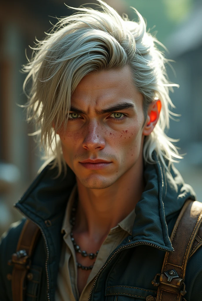 man who is 20 years old, Masculine traits. the man is handsome, silver colored hair, green hunter eyes, Beautiful angel, hot body , sexy body, sexy passionate