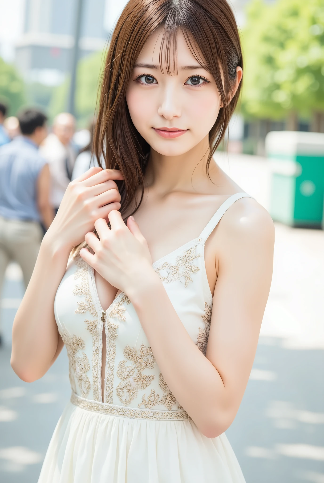 (masterpiece, highest quality、super dense skin、get used to it),1 girl, alone,Beautiful symmetrical face、 hyper realistic, realistic,realistic, light brown eyes stare at the viewer,Brunette short bob hair with highly detailed shiny hair、intense eye highlights), See-through brightly colored winter clothes,Lovely see-through costume full of charm、 lips,lip gloss, outdoor, Upper body、Big eyes、eyelash、{Huge|big|Hugeな|mega} chest:2, cleavage:2、(Big eyess short bob hair beautiful detailed eyes、Adds intense highlights to your eyes with eye-catching light、large full chest、look at the audience、she is very beautiful and cute、show me your ears、long neck:1.4、smile、Close your mouth and smilee、perfect anatomy、ideal body proportions、Please tilt your head slightly)、(Snow-covered tree-lined street in Norway in winter)、(she is a very cute and attractive woman)、portrait:2