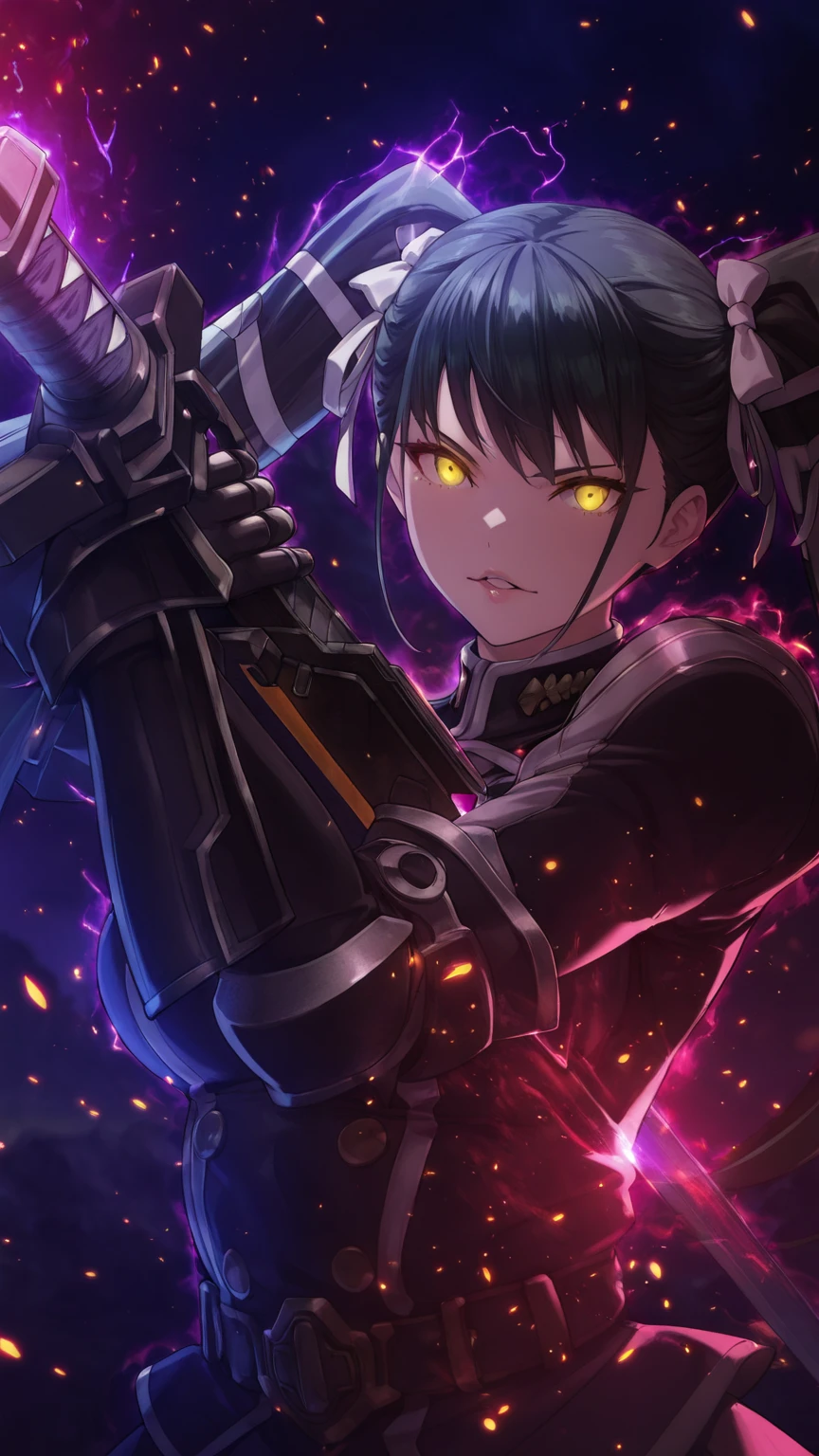 (hiiragi_yuuichi-style), (zonda_(solid_air)-style:0.8), ((anatomical correct)), ((embers)), ((Cinematic, unreal engine, eye-catching, ambient occlusion, UHD, masterpiece)), ((perfect lighting)), perfect body, perfect eyes, perfect fingers, gasping, heavy breathing, gasping profusely, ((skindentation)), ((curvy)), mato seihei no slave, azuma yachiho, long hair, bangs, black hair, bow, twintails, yellow eyes, hair bow, green hair, plump, (aura), (red aura:1.2), 1girl, solo, armor, weapon, sword, gauntlets, looking_at_viewer, glowing, holding, holding_weapon, holding_sword, glowing_eyes, parted_lips, upper_body, armored_dress, electricity, eyes trails, spark, 