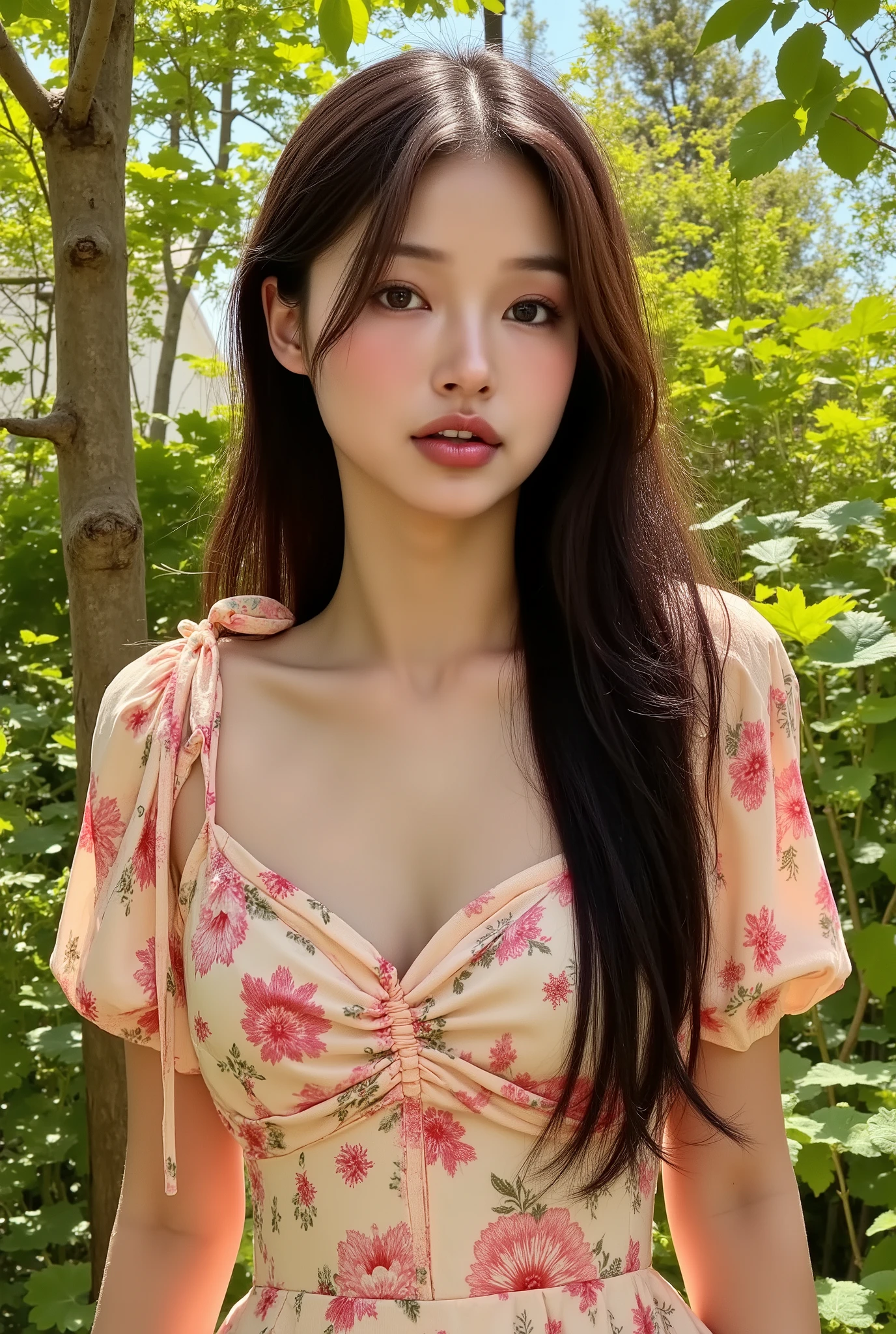 arafed korean woman wearing a long floral sundress