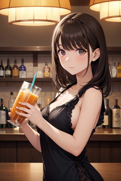 Night bar interior, female, female joven de pie en un bar nocturno, casual stance, calm expression, dark hair, Smoothie, bright skin, black dress, bar counter, bottle of alcohol , dim lighting, humo , Elegant environment, Art Photos , dramatic lighting, real detail, 4K, high resolution, Super Detail, high quality pictures, Wide range of colors, dark tones