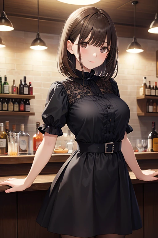 Night bar interior, female, female joven de pie en un bar nocturno, casual stance, calm expression, dark hair, Smoothie, bright skin, black dress, bar counter, bottle of alcohol , dim lighting, humo , Elegant environment, Art Photos , dramatic lighting, real detail, 4K, high resolution, Super Detail, high quality pictures, Wide range of colors, dark tones
,((( masterpiece, Highest Quality, high resolution, 超 high resolution, pixel perfect , description boundary, 4K, RTTX10.0))),
、Anegasaki Nene, shiny brown hair, beautiful brown eyes, smiling face, sparkling pupils, (fine grain), , highly detailed face,, (masterpiece:1.2, best quality), ((only1 girl)), ((cowboyshot:1.5))