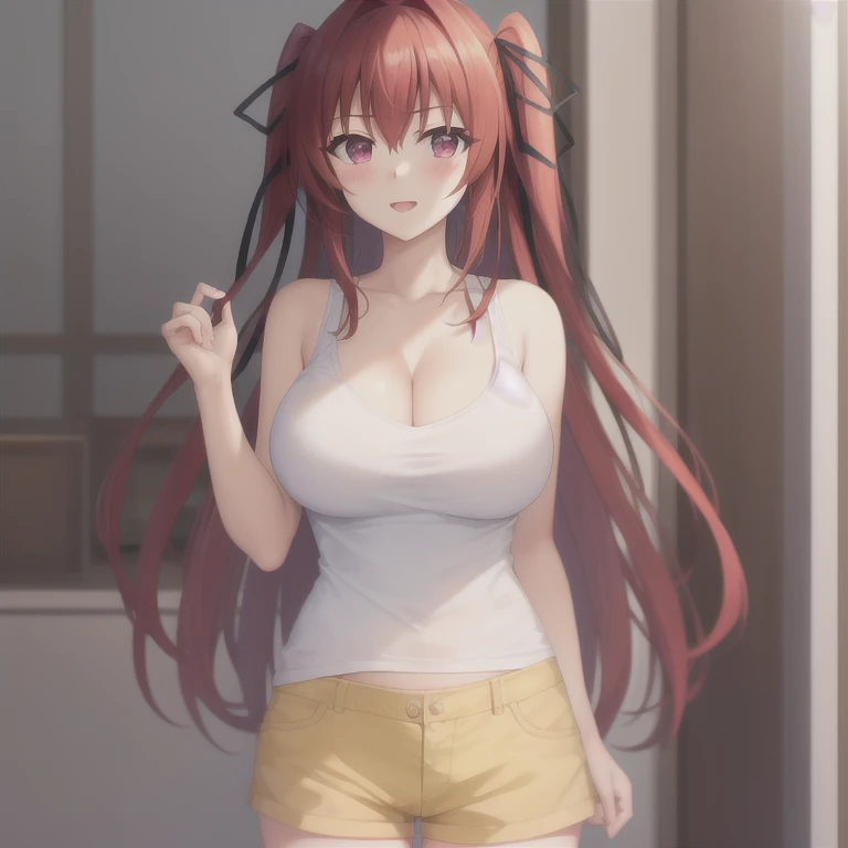 1girl, tsundere, small breasts, ((full belly)), (red hair:1.2, twintails, very long hair, open forehead)), black hair ribbons, (sweater, turtleneck sweater, backless sweater, sleeveless, bottomless), standing, (crossed arms), :< expression, pouting, inexpressive, neutral, sfw, ((white background)), anatomically correct, best quality, award winning, highres, 16k, 1080P, HD, masterpiece, accurate, border, outside border,