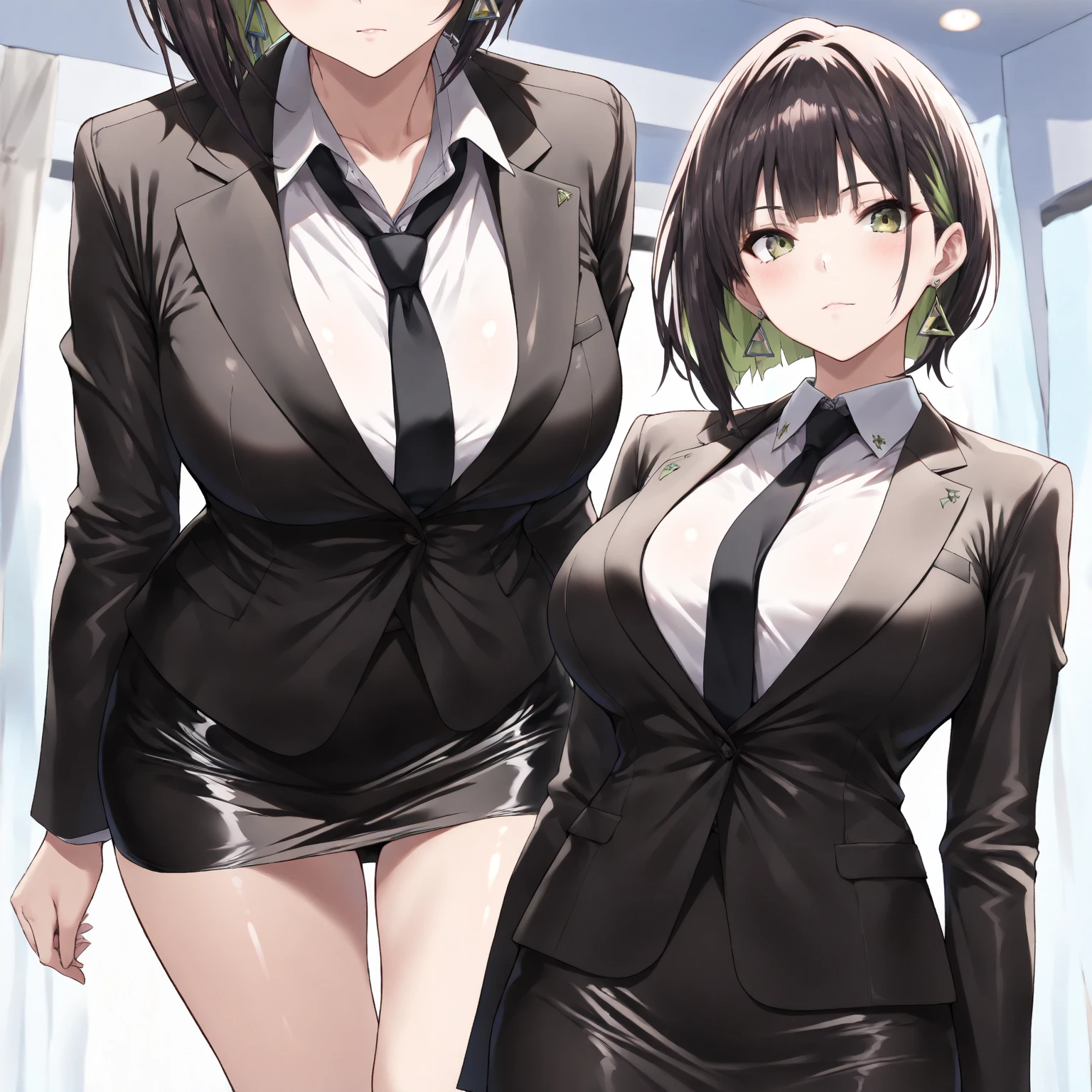 Character Sheet,White background,masterpiece: 1.6, Highest quality: 1.4, Intricate details: 1.2, 1 mature woman,28 years old,office lady,attractive office lady, alone, (Brown Hair), Medium Hair, single ~ ~ sidelock, amount: 1.5, Slender figure,Small breasts,Cleavage,clavicle,(Exposed thighs:1.3),office casual style, (Black recruitment suit:1.5),White shirt,No tie,(Black tight skirt:1.2), (Above the knee shot), Multiple Views, front, return, ~ ~ side, performance, ((Character setting material collection, Different poses of the same character, Character Reversal: 1.5, Multiple Views)), Model posing,Contrapposto, Portraiture, Happy, Are crying, Get angry, smile