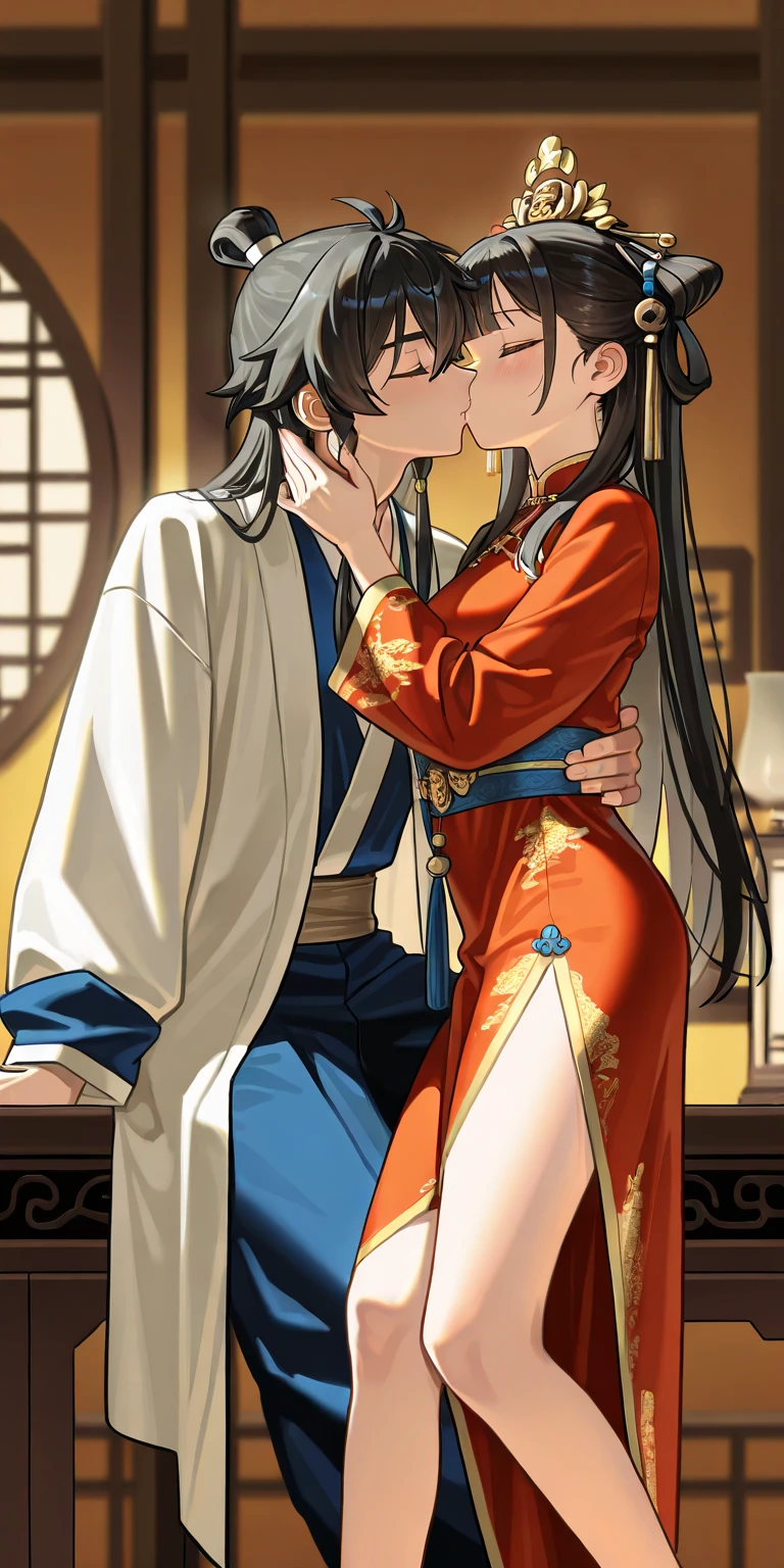 masterpiece, highest quality, High resolution, hancock1, 1 girl, Boa Hancock, big breasts, long hair, epaulet, cape, crop top, side slit, cowboy shot, cleaning, outdoor, sexual smile,2boys,A boy touches a girl's breasts from behind,girl is touched by boy,