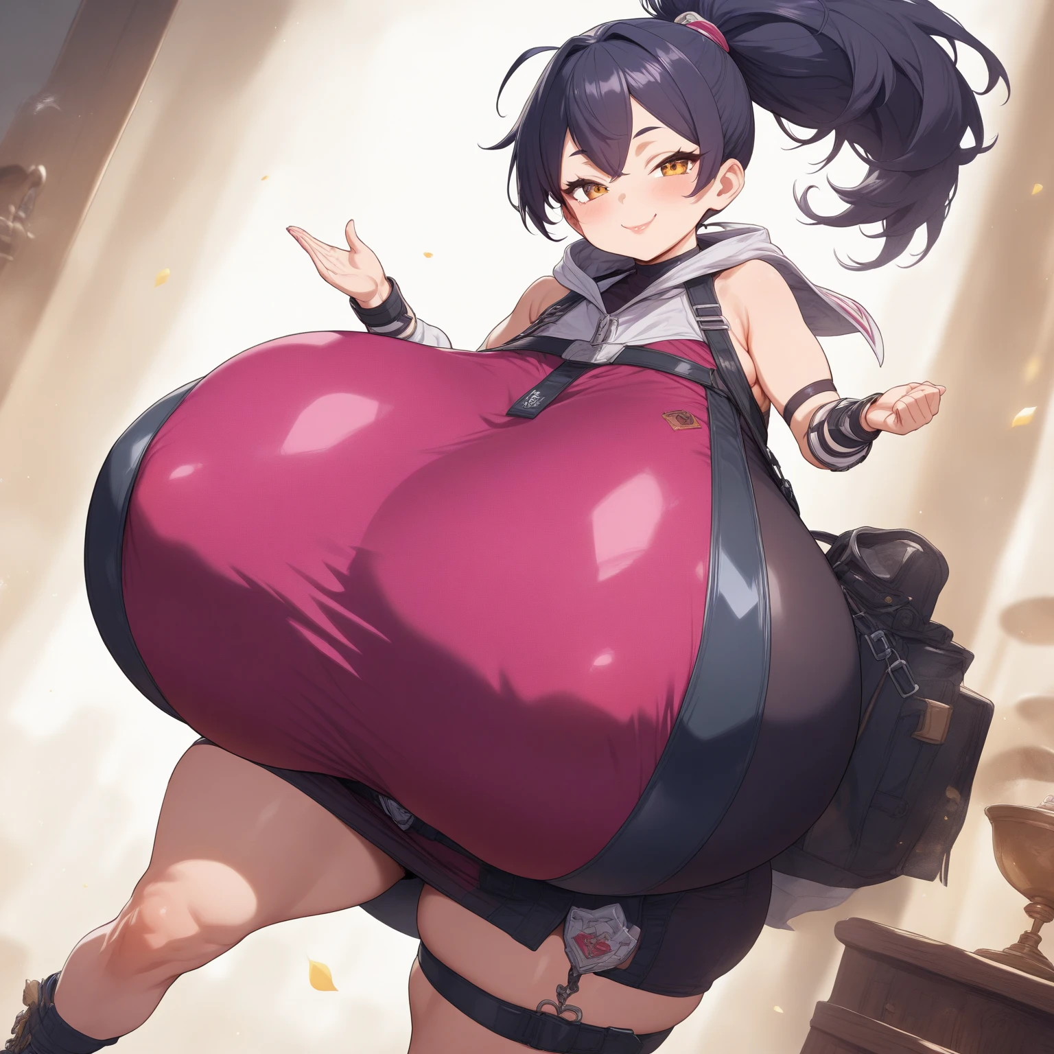 masterpiece, best quality, amber \(genshin impact\),smile,doll, 1girl,goggles on head, long hair,gloves,shorts,brown hair,red thighhighs, cleavage, red ribbon, long sleeves, shrug \(clothing\), jacket,pouch,grey background, (large breasts:1.6)