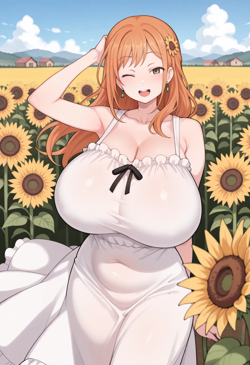 1girl, solo, hair ornamnet, long hair, orange hair, hat, solo, flower, dress, sunflower, outdoors, white dress, smile, long hair, looking at viewer, sky, bangs, breasts, closed mouth, smile, cloud, earrings, sundress, day, sun hat, blush, teeth, cleavage, :d, collarbone, jewelry, blue sky, straw hat, sleeveless dress, ribbon, summer, sleeveless, hand on headwear, mature female, MILF, 30yo, bare shoulders, bow, huge breasts, sagging breast, perfect female body, narrow waist, chubby, plump, BBW, field, sunflower field, yellow flower, hat ribbon, frilled dress, frills, standing, blurry, hat bow