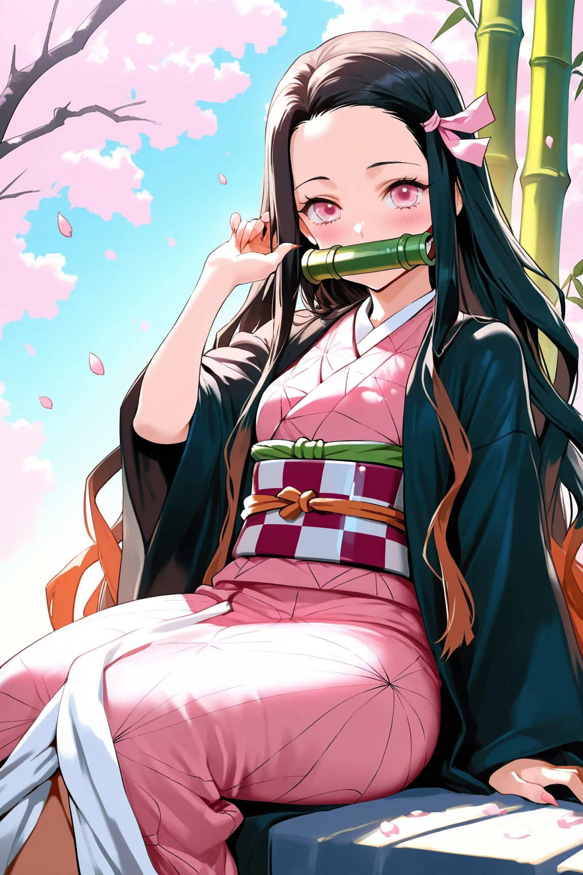 Nezuko as an adult, she is a beautiful young woman, she is in her regular pink kimono outfit, she has a black bamboo muzzle in her mouth, she has a sexually aroused look on face, she is laying down, she is showing off her body, her full body is in the image