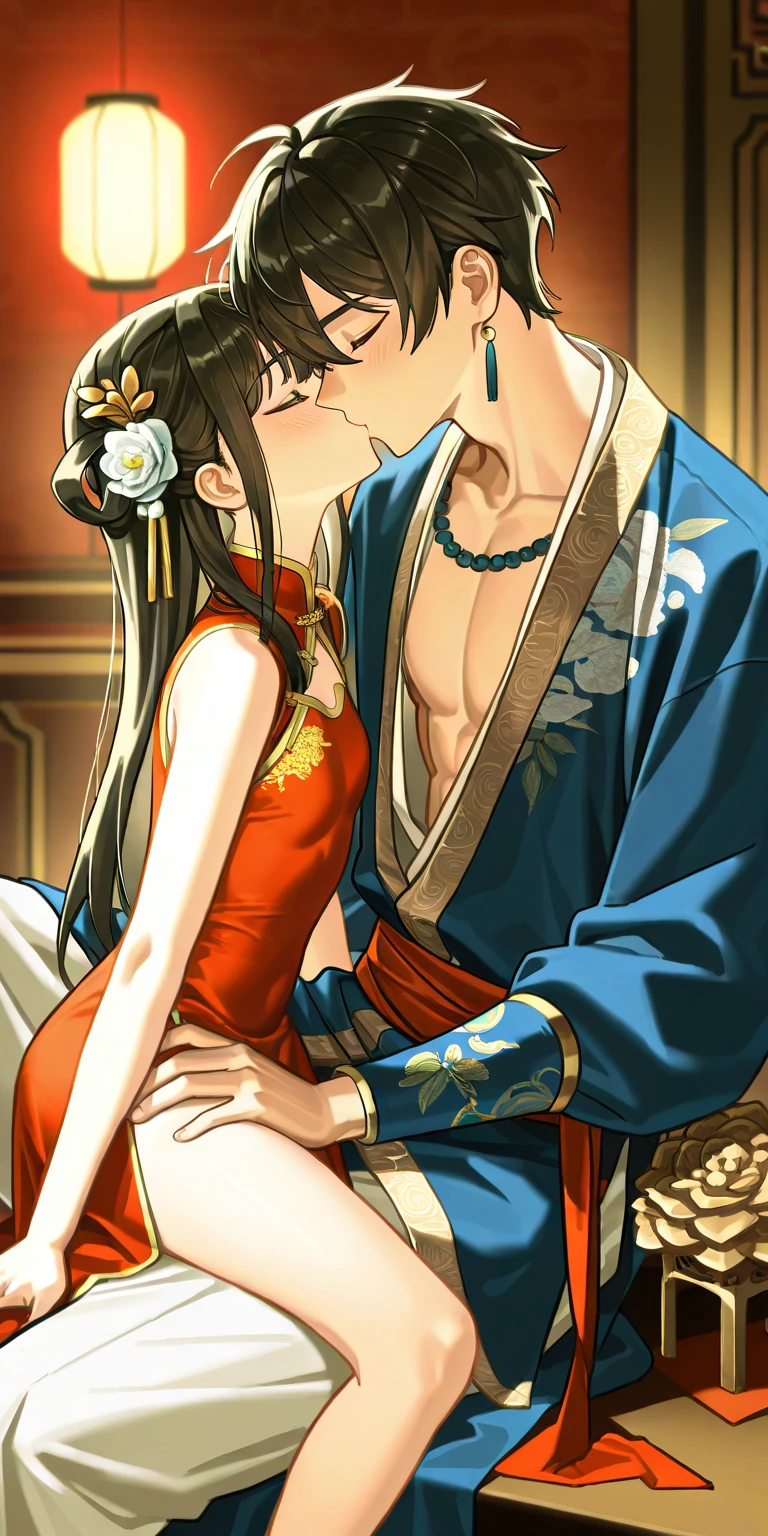 Period drama manga style A 15-year-old super beautiful Chinese girl with black hair in a bun cut(1 person) She is wearing a royal long-sleeved Chinese dress In a dimly lit bedroom Floral Futon She is forced to be held by the perverted old emperor while facing each other and cries. She exposes her nipples and faces the man as he inserts his penis into her pussy and they begin having sex. She wraps her legs around the man She loses her virginity and becomes pregnant