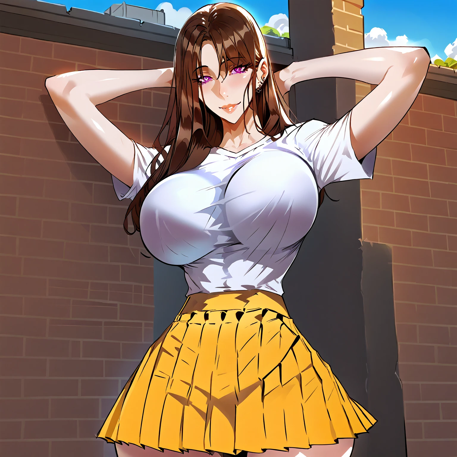 Masterpiece, best quality, solo ,big breasts, minami kotori, curvy body, jacket,tank top, busty breasts, breasts flashing,earrings, pencil skirt, standing,police cap, cowboy shot, thighs, narrow waist,wide hips, blushing,shy pose, skin tight