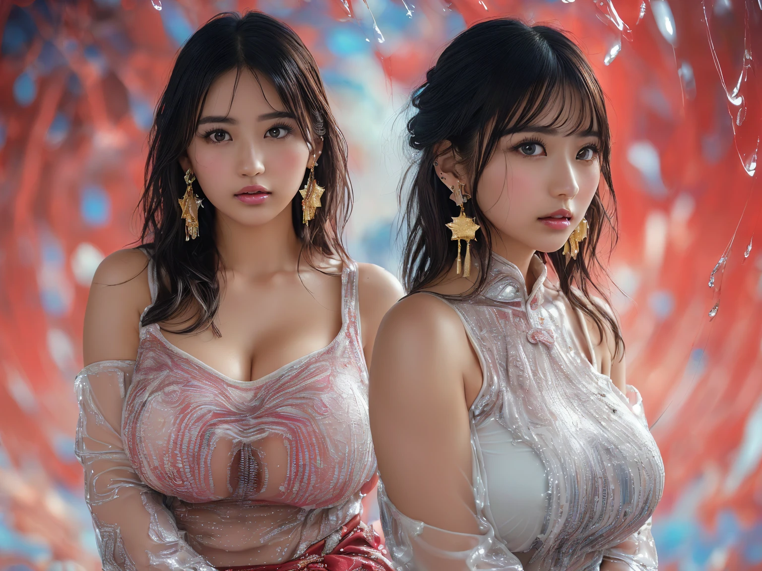Two girls standing in the park at night，Clear sky in the background. Park benches and soft lighting, Rear photo, (Side photography), looking back at the viewer, (Masterpiece), ((Ultra-detailed)), (Highly detailed), (Expressionless), (Best quality: 1.2), 8K, hdr, A high resolution, absurderes: 1.2, Object perspective, Blurred background, Bokeh: 1.1, Lens flare, (vivd colour: 1.2), High quality texture, Detailed texture, High-quality lighting and shadows, a face with perfect proportion, full bodyesbian, Mature and excited body, Detailed skin texture, vibrant, pale and radiant skin, natural saggy breasts, gigantic bosom: 1.5, High waist, Narrow waist: 1.3, Wide hips, Full buttocks, Detailed beautiful face, (PureErosFace_V1:1.3)(Ulzzang-6500:0.4) Detailed beautiful eyes, Symmetrical eyes, Perfect eyes, Seductive eyes, Beautiful nose, High nose, Clear blush, Detailed lips, Earrings, hoop earings, necklace, jewelry, Sapphire heart necklace, Silver-toned high-heeled sandals, Seductive expression, Smile, Perfect hands, Delicate and beautiful fingers, Detailed beautiful legs, photo-realistic hair, detailed hairs, (Silver dress, Red dress, Blue dress), Chisato Nishiki, Long hair, Blonde hair, (Red eyes: 1.5), Hair ribbon, Bob cut, Red hair ribbon,)，gigantic cleavage breasts，Japan goddess，