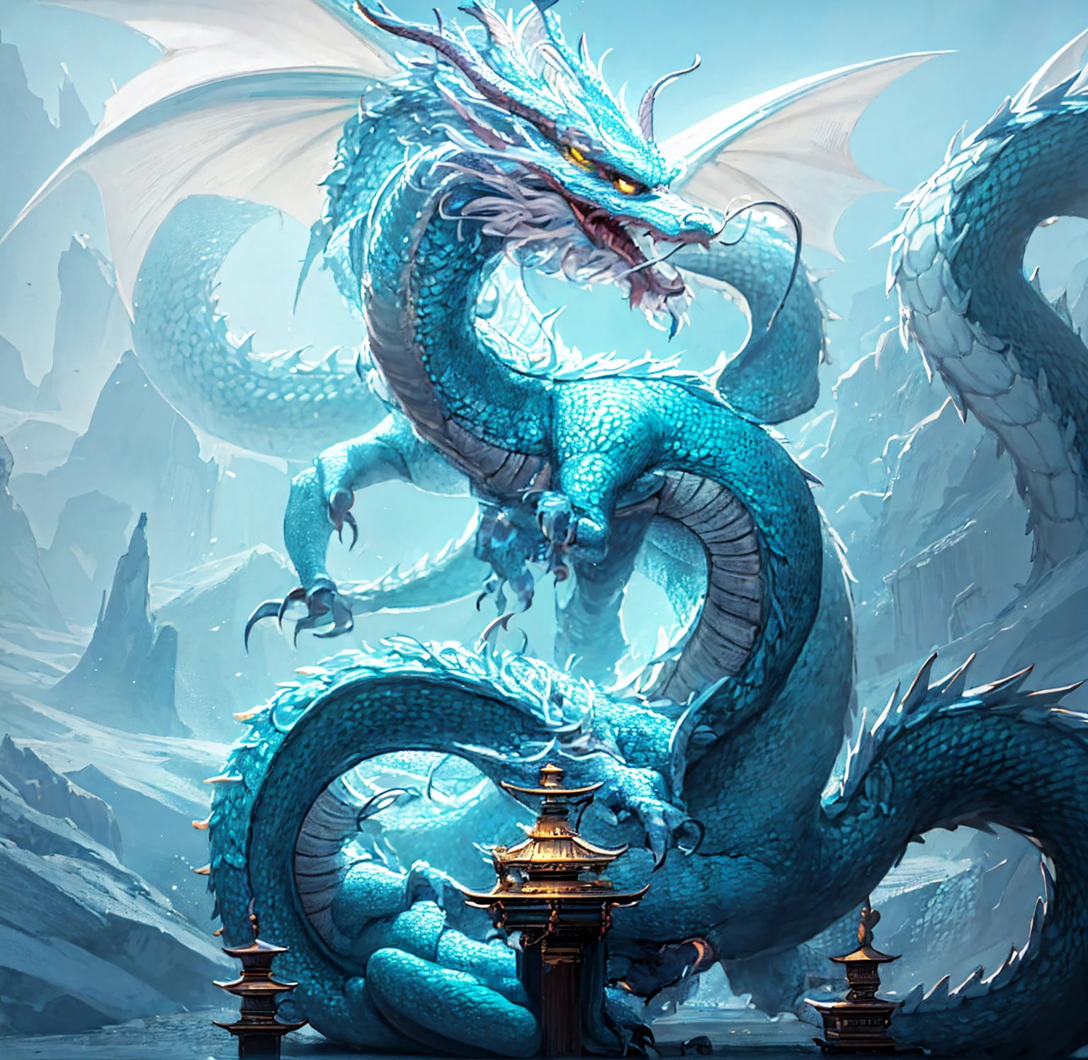 tmasterpiece、(ice - carving:1)、Circling Chinese dragon、number art、Interior light and shadow、simply white background、mist、Long wavy body、fanciful、ventania、chinese dragon concept art,、high high quality、The is very detailed、tmasterpiece、Epic ice sculptures