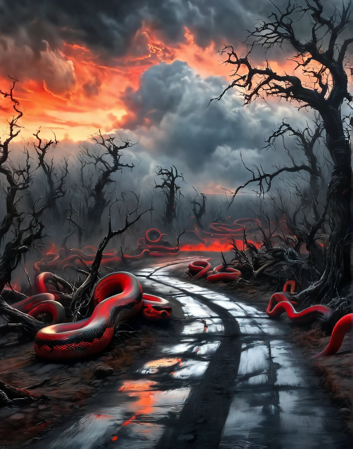 road to hell,Dead trees,blood red snake,Heavy clouds,Sinister,detailed matte painting,hyper-detailed charcoal drawing,oil painting by James Gurney,(Best quality,4K,8 K,a high resolution,masterpiece:1.2),ultra detailed,(realistic,photorealistic,photo-realistic:1.37),HDR,uhd,studio lighting,ultra fine painting,Sharp Focus,physically based rendering,very detailed description,professional,bright colors,hips,portraits,landscape,Horror,anime,Science fiction,photo,concept artists,Cool tones,moody lighting.