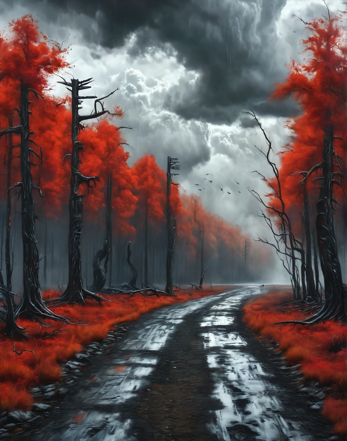 High-impact paint job of a road in the forest，Rich in details,   8K,   sharp,  professional, Clear,   High contrast, High Saturation, , Vivid deep black, crystal Clear