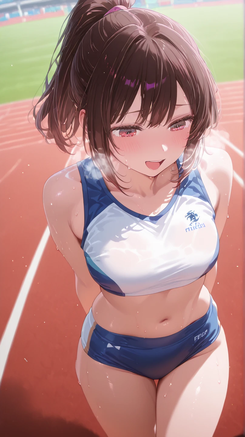 ((masterpiece,Highest quality:1.3,best quality illustration)),((realistic:1.2)),cowboy shot,独奏,1woman,18 year old beauty、black hair,short bob hair,(center parted bangs),black eyes,(gorgeous big eyes),((very small head:1.4)),Heavy breathing,drooling,((slender body:1.2,skinny)),(tan skin:1.4),small breasts,(White tank top、school gym red buruma),peeing,gleaming skin,oily skin,slender body,sweat,standing,Athletics Stadium、In the shade、Tokyo、