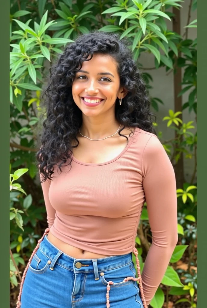 Woman with curly hair wearing skirt and blouse with seductive eyes, blue background, best quality masterpiece, optics, details, 8k, HDR, shallow depth of field, wide lighting, contrast High contrast, backlight, bloom, shimmer, color aberration, sharp focus, RAW color images