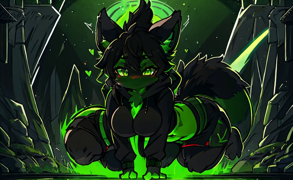 Solo, Male, (Anthro dog, Black fur, Light Green glowing eyes, Light green glowing hair), Dark/Black background, (Naked), ((Green glowing nipples, Green glowing knot penis)), Penis juice, Bent over bed, (Green ass hole), Blushing, (Green blush), Pre cum, Ass showing