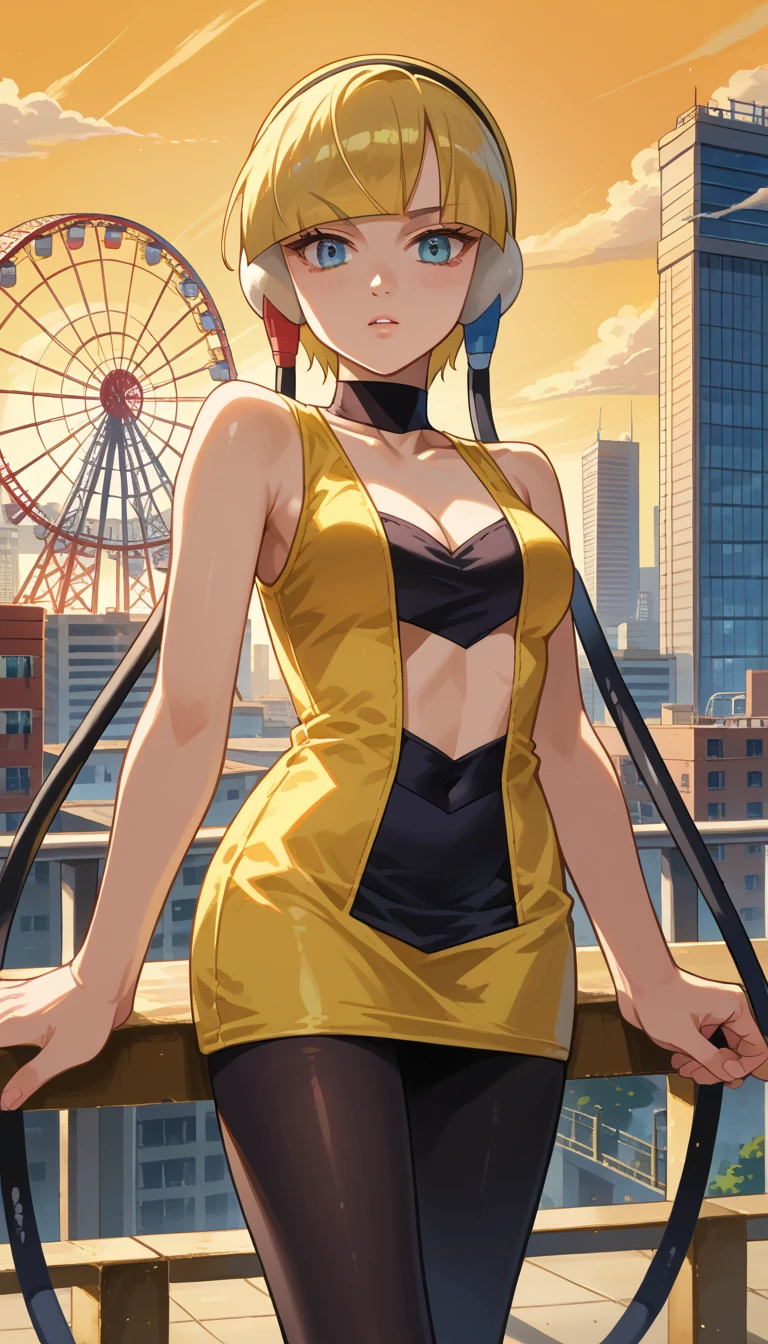 masterpiece, best quality, bw1elesa, blonde hair, short hair, headphones, cables, choker, cleavage, black and yellow dress, short dress, clothing cutout, navel cutout, sleeveless, pantyhose, 900000 meters tall, giving off a beautiful smile, giantess art, highly detailed giantess shots, giantess, Two legs, Five fingers, High resolution, highest quality, masterpiece