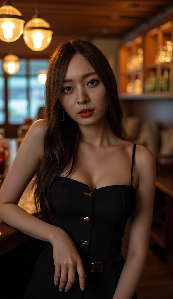(masterpiece:1.3), (8k, Realistic, RAW Photos, Best image quality: 1.4), (Random Hairstyles:1.2)、(Highly detailed face)、Attention to detail、double eyelid、(Dark Eyes),(Sharp focus:1.2),One Woman、Beautiful woman:1. 4,25-year-old woman,(Woman in maid clothes:1.2),I work at a bar.,Grab a beer mug、(Full body photo:1.4),,Chest-length hair、Highest quality、masterpiece、Ultra-high resolution、(Realistic:1.4)、super high quality、Symmetrical face、The face is very realistic、Photo level、8k最高画質はフル、Sebaceous reflex、The face is very realistic、Extremely realistic skin、Realistic light and shadow effects、(innocent and classy girl),Professional Lighting、Sexy pose