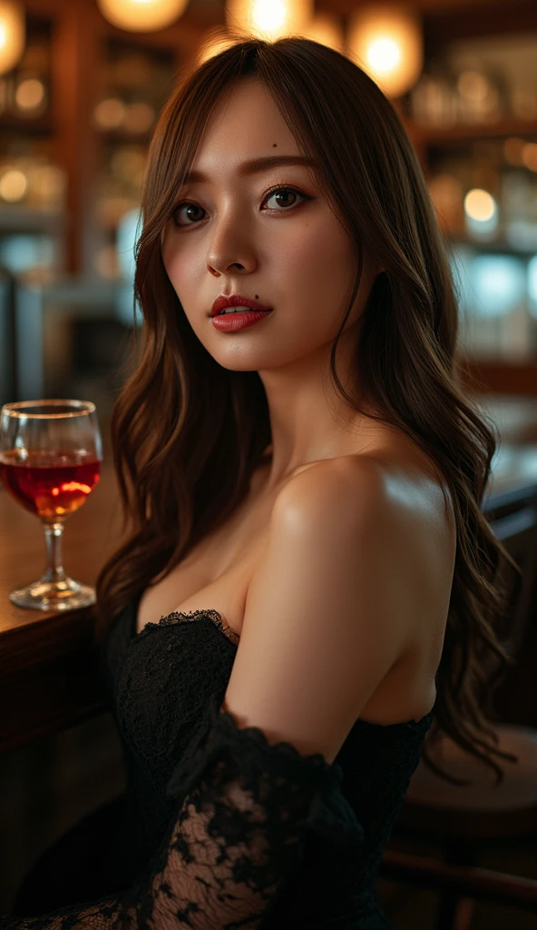 Best Quality, Masterpiece, Ultra High Resolution, (Realistic: 1.4), Original Photo, 1 Girl, Smiling and Bare Shoulder, Film Lighting, (Megan Fox: 1.2), Holding Vintage Camera, Cafe Style, Moody Lights, Red Head, Light Through Hair