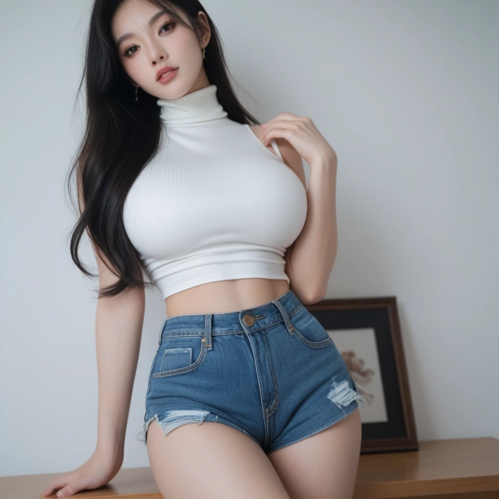 masterpiece, best quality, 1girl, solo, crop top, denim shorts, choker, looking at viewer, thigh strap, head tilt, bored, multicolored hair, aqua eyes, headset,((large breasts)), wet body, outdor, pose, full body