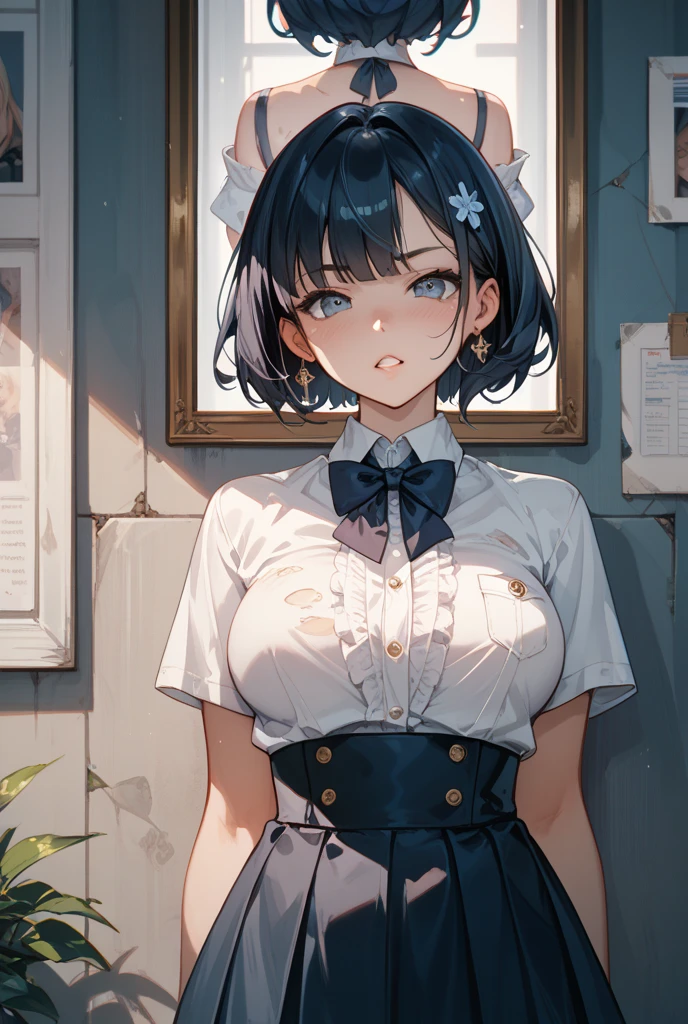Ultra-high resolution, 8k,high quality,(((low length,、Young Girl、Butler、Ultra Mini Skirt,))),(Retrospective angle,Cunning Hand),(、glowing、iridescent light,soft shadow,Anime Painting,thin line drawing),One Little Woman,(((Big Tits、Beautiful breasts))),