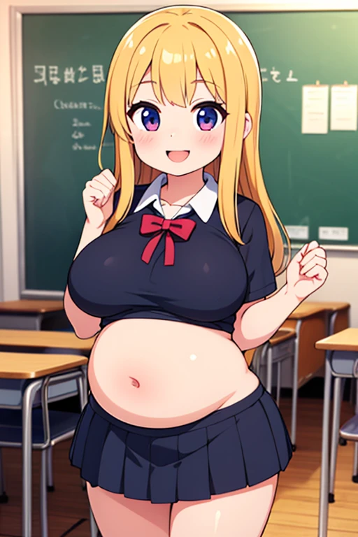 score_9, score_8_up, score_7_up, source_anime, KitagawaMarin, 1girl, ((very drunk)), ((staggers)), ((belly full)), upper teeth only, multicolored hair, long hair, magenta eyes, ear piercing, earrings, pink nails, makeup, MarinSchool, bead bracelet, black choker, neck bell, ring, collared shirt, ((white shirt unbuttoned)), short sleeves, blue necktie, plaid skirt, ((blue skirt pulled down)), tied shirt, standing, looking at viewer, ((has a stomach ache)), ((shows her tits naked)), ((shows her butt)), indoors, classroom, blurry background