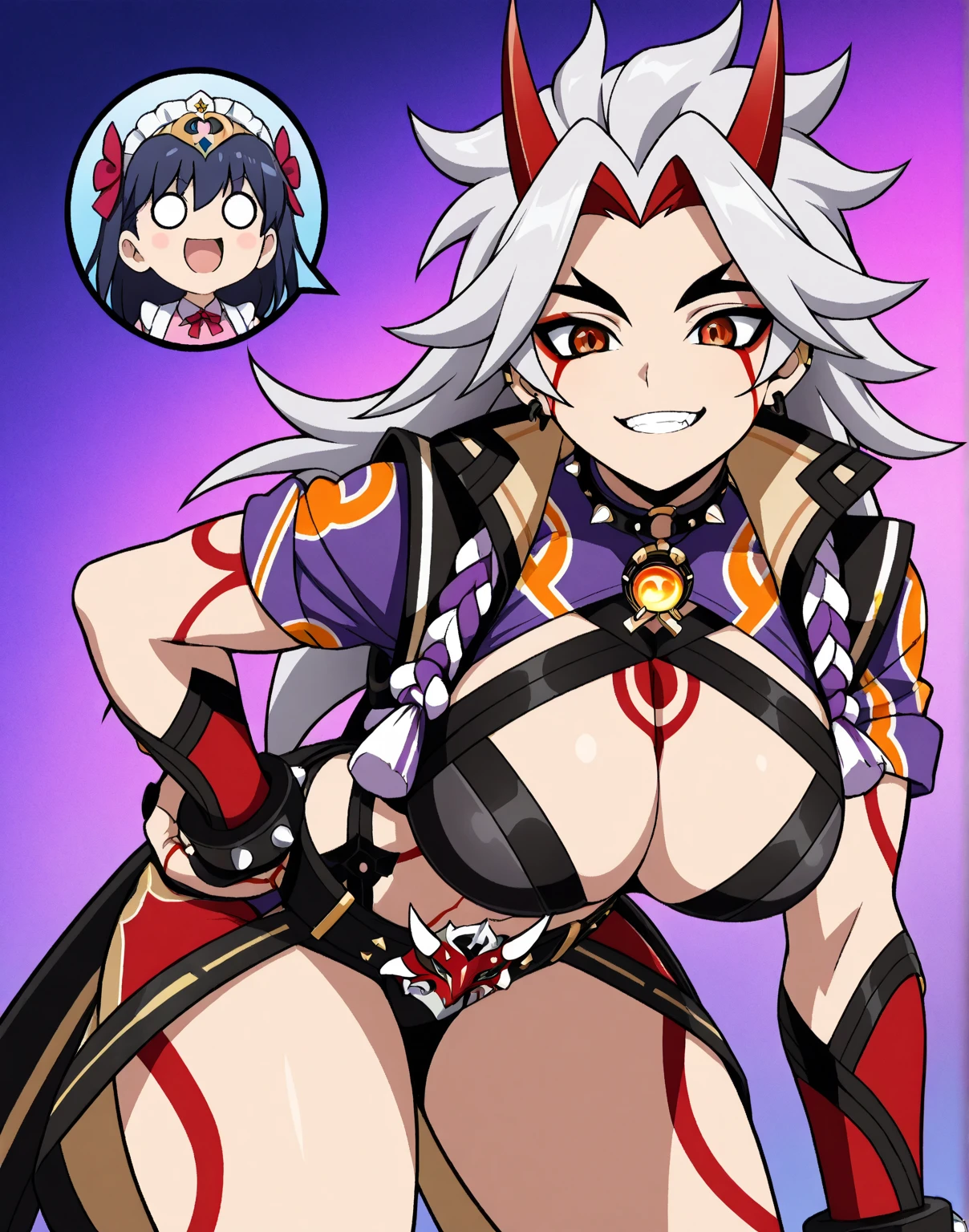 girl、six pack abs、smile、highest quality、alone、dark skin、detailed tattoos、tribal attire、sandals、bangles、hair ornaments、white hair、short hair