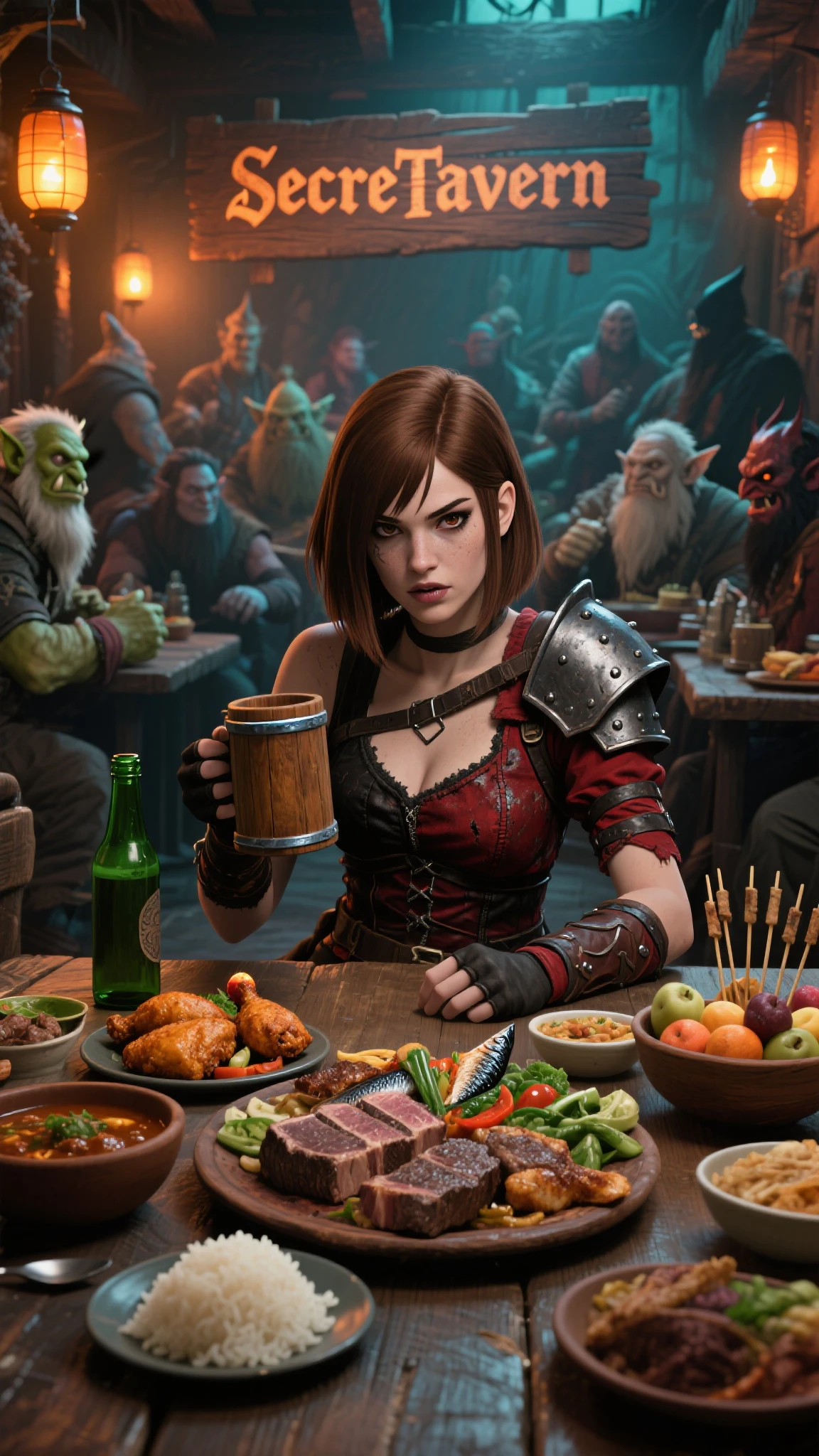 depict of a dark fantasy style image and combining both western comic illustration with realistic look maya render. a female warrior that has brown eyes, shoulder length straight hair, chestnut hair with blunt bangs, her mouth is slightly open, looking at viewer, she has dark color skin tone and wearing worn red and black leather adventurer outfit, with iron shoulder armor. she is sitting on wood table, holding a wood mug. there are a green bottle and lots of foods served on the table: lots of meat steaks, fried chickens, stirred vegetables, grilled fish, plate of skewers, bowl of meat stew, plate of rice, and a bowl of fruits. the background is blurred, a crowded tavern, full of customers, mix races: orcs and dwarfs, humans and demons, they are adventurers. the interior is filled with fire lantern lights, at the background there is a signage "SecreTavern" made from wood. the color grading should be orange tone of highligwith teal shadows. cinematic, dramatic lighting, low light, dim light, almost dark.