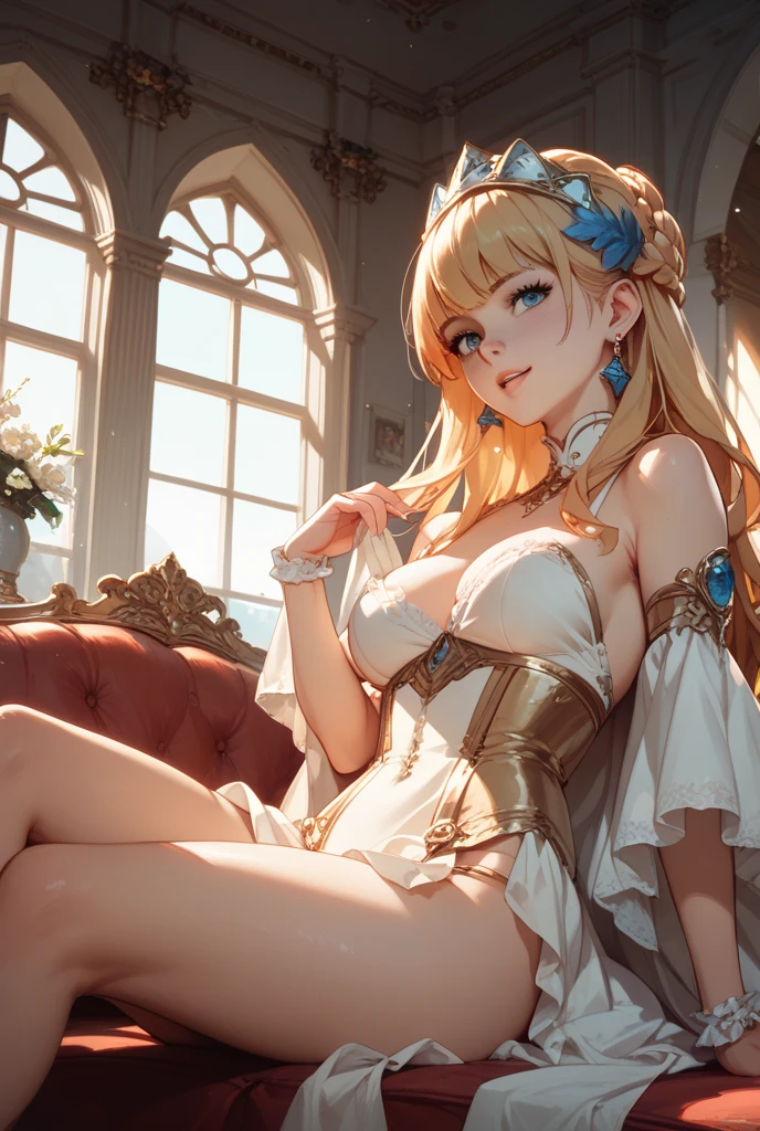 solo focus, a blonde princess with long braided hair disguises herself as a slave girl, slave collar, silk harem disguise, barefoot, mischievous, palace