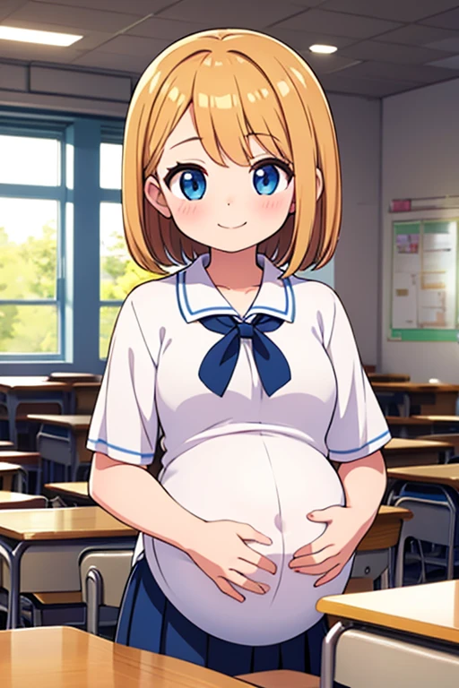 8k, anime screencap,1girl in, (Solo:1.2), (Perfect body:1.1), (Best Quality:1.1), anime , , black shirt, black skirt, black thigh-highs, , looking at viewer, Bonnie, school, classroom, pregnant, pregnancy, pregnant belly, embarazada, smile. Slim, .