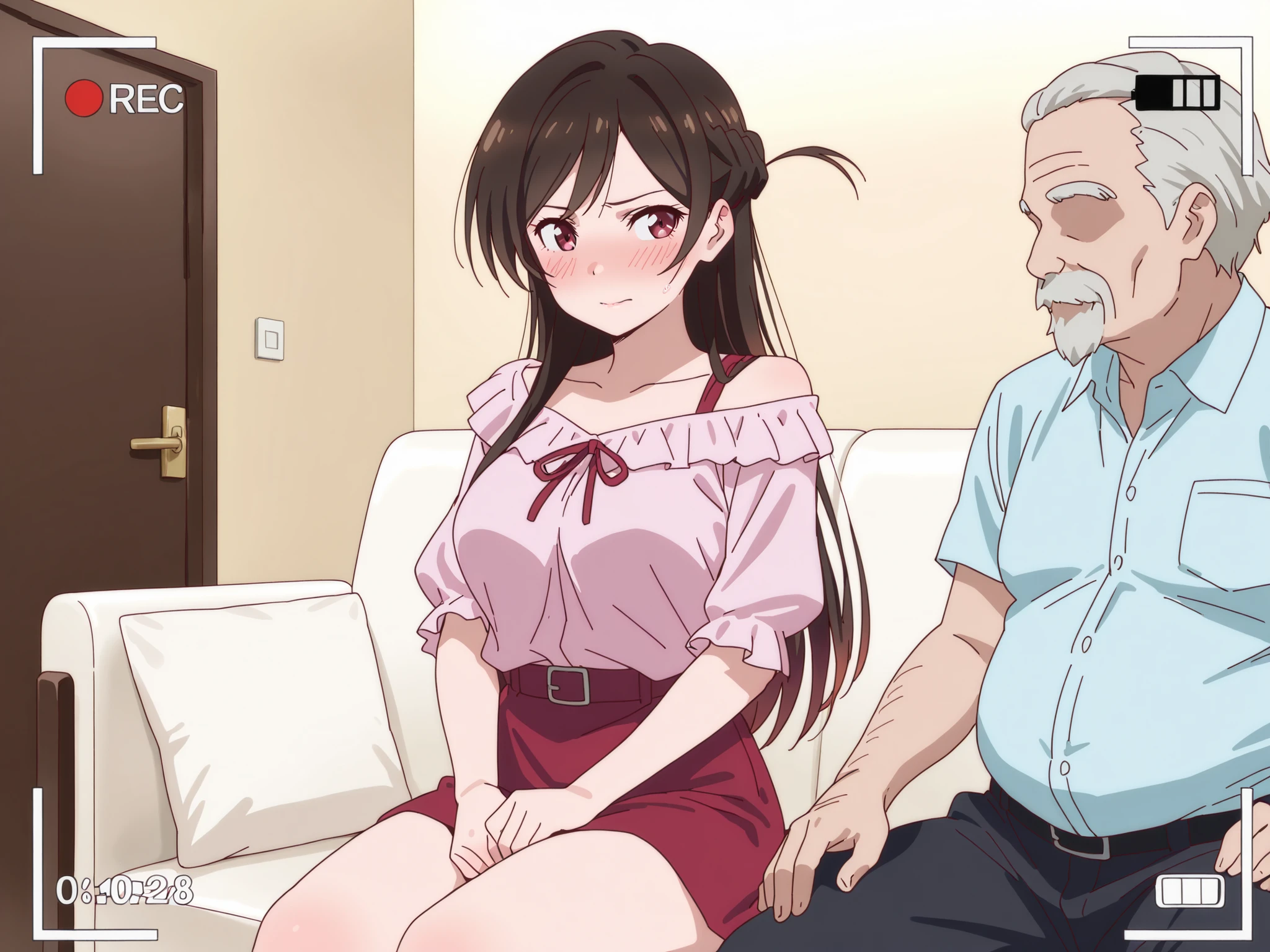 Masterpiece, high quality, amazing detailed, beautiful detailed face, official style, ultra-high resolution, 8K, solo, from front, recording frame of movie,
1 lady, Mizuhara Chizuru, medium breasts, off shoulder blouse, miniskirt, panty, embarrassed, blush,
BREAK 1 old man, faceless man, sit on sofa, touching breasts from behind, bedroom, hotel, A old man pulls up a mizuhara chizuru shirt.