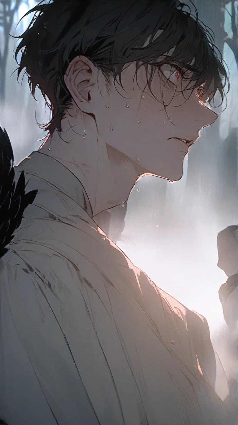 Detailed fanart,An image of a man looking at a hand,Old warm cleaning style,Black and white style,Flowing lines,Crying man,A flowing antique dress,Flowing costumes