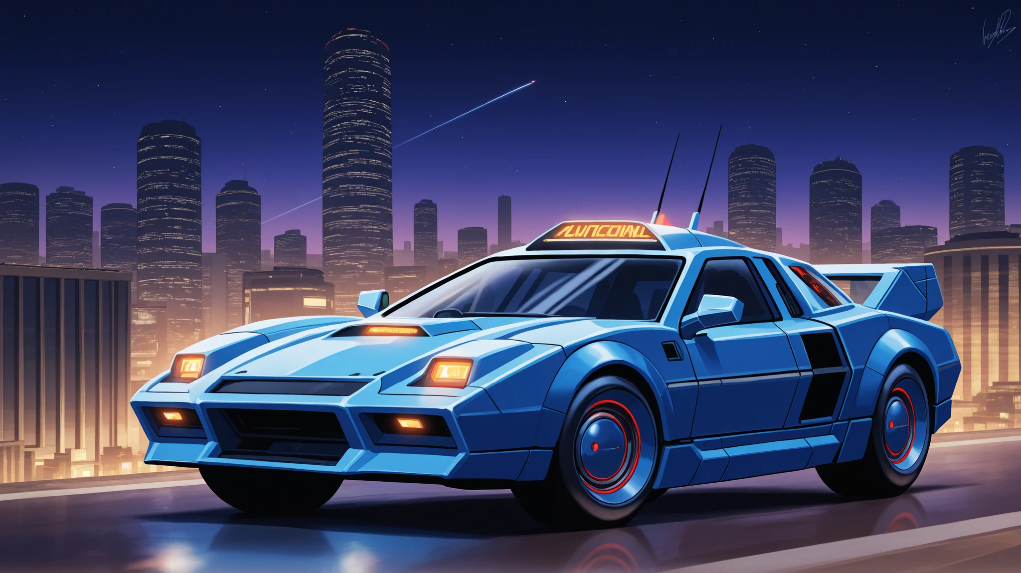futuristic cyber car runs on city road of tall skyscrapers at night dark retro 80s landscape