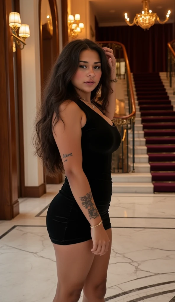 hyper realistic,arafed women,a picture by Adrian Zingg, reddit, arabesque,((flat waist)),((big boobs)),((wide hips)), ((tight short yoga dress:1.4)),((photoshoot)),((backround of luxury home)),blurry background,anna nikonova aka new milky, angelawhite, wearing lipstick,lips closed,sexy earrings,fit,(((fit, booty:1.3))),((wearing butt lifitng:1.3)),curvy hips,((long legs)), slilm body,((big hips)),makeup as a jessica rabbit,stunning girl,black hair,ponytail,looking at camera,detailed face,showing curve,((sexy smile)),real photography,fujifilm superia,full HD,