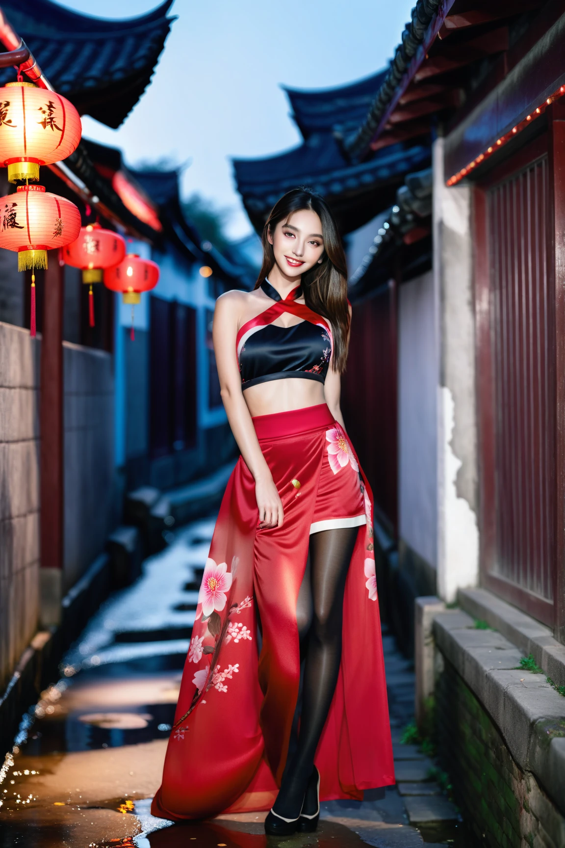 (flirtatious ,seductive:1.4),(RAW photo:1.2),(photorealistic:1.6),(lens 135mm,f1.8:1.2),(ultimate quality, masterpiece:1.3),(intricate details:1.2,(detailed face:1.2),dramatic,photograph,(Full body),Sharp focus,
(BadNegAnatomyV1:1.6),<lora:perfection style SD1.5:0.5>,perfection style,<lora:Hand v3 SD1.5:0.3>,Perfect hand,<lora:foot feet style SD1.5:0.3>,Feet,
(1girl,solo,night time,outdoors,streets,dancing, looking at viewer:1.6) confident smile,beautful face,<lora:PerfectBreastsV4-offset:0.5:lbw=BODY>,(medium breasts, narrow waist:1.2),sexy body,perfect body,pov legs,shiny hairs,hair ornament,earrings,necklace,jewelry,
<lora:å¼µå«é»ZhangHanYun_v20:0.8:lbw=FACE>,
<lora:sexy_short_china_dress:0.8>,