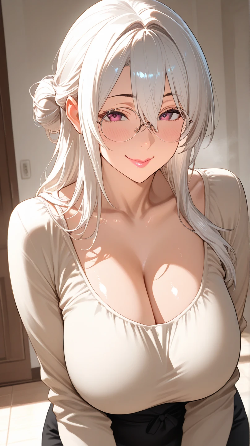 1Girl, Solo, Anime, Ideal body, body curve, down blouse, laced blouse, oversize, loose. (Small breast:1.1), (Hard nipples:1.1). Beautiful, Gorgeous, Fresh, Blunt Bangs, (White Grey Hair:1.5),(Straight and Wavy Long Hair:1.3), laced camisole, casual, eyeglasses, mini dress, Comfort, cotton Texture. (Sexy Standing:1.3). Earrings, Thin Black Headband, Green Accessories, Environmental Details, Bed Room, Natural Light, Modern Bed, Chair, Window, White Curtain, City View. pov, anime style, UHD, retina, masterpiece, accurate, anatomically correct, textured skin. High Resolution, Looking at the Viewer, Blush, Best Quality, Award Winning, Accurate, Embarrassed, seductive smile, sweating, naughty smile, Naughty Face, Naughty, Gradient Eye Color, Sexy Pose. Cowboy Shot, (sticky goo on breast), (white goo on body), (sweating). (white goo on the breast),.