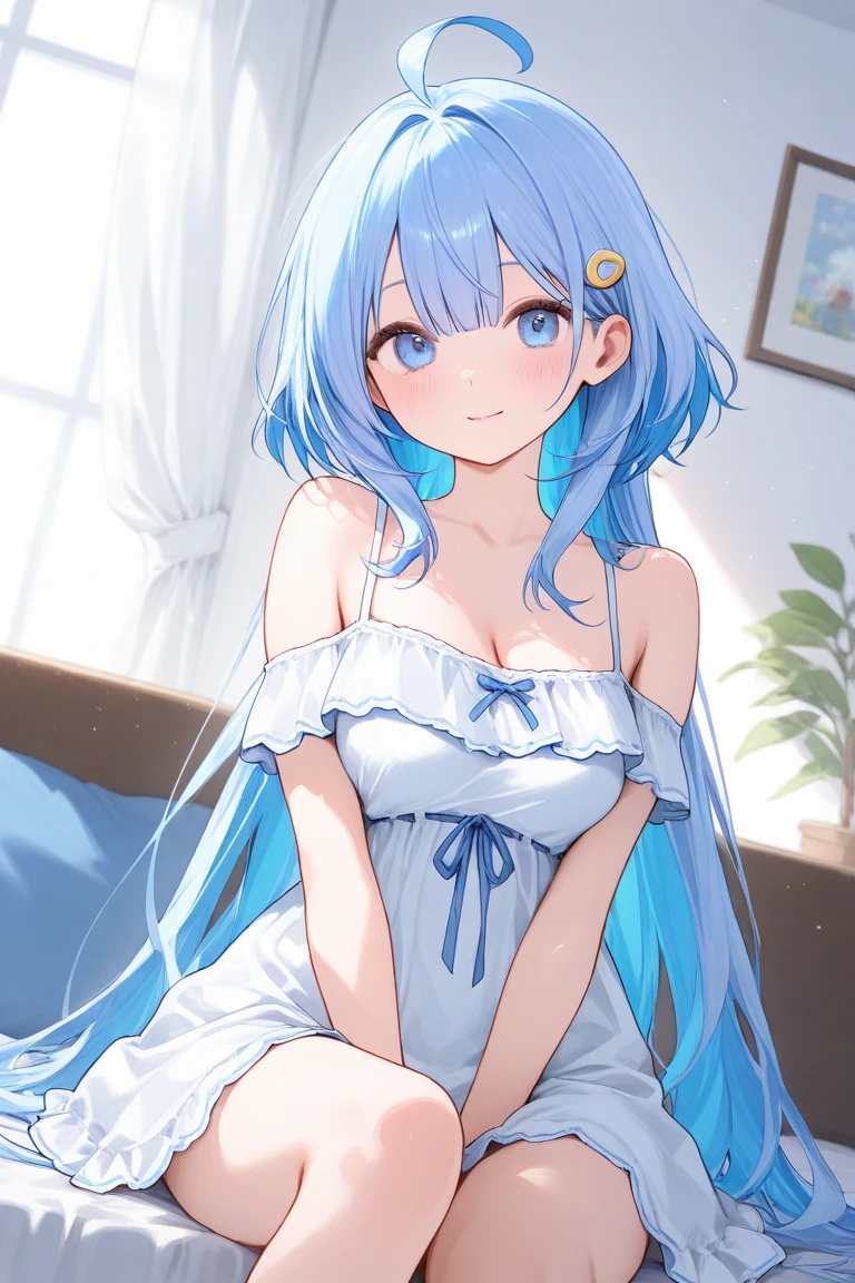 (masterpiece), (best quality), (ultra-detailed), (best illustration), (best shadow), (absurdres), Female, 25 years old, looking at viewer, steam, shy, nose blush, (light smile:1.5), sweat, nsfw, medium breasts, long hair, bangs, blue hair, horns, aqua hair, oni horns, eyeshadow, white skin, panties, 