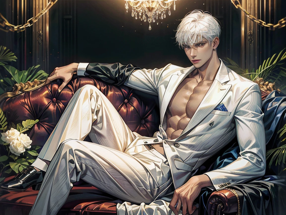 masterpiece, highest quality, (solo focus), stunning man sitting in a Chester chair, (perfect face:1.1), (high detail:1.1), dramatic, 1guy, (pale skin), (extremely detailed white hair), hair intakes, (extremely detailed white eyes), [light eyebrows], solo, long hair, white luxury suit, white fedora hat, covered navel, pouty lips, jazz club, detailed background, cinematic lighting,