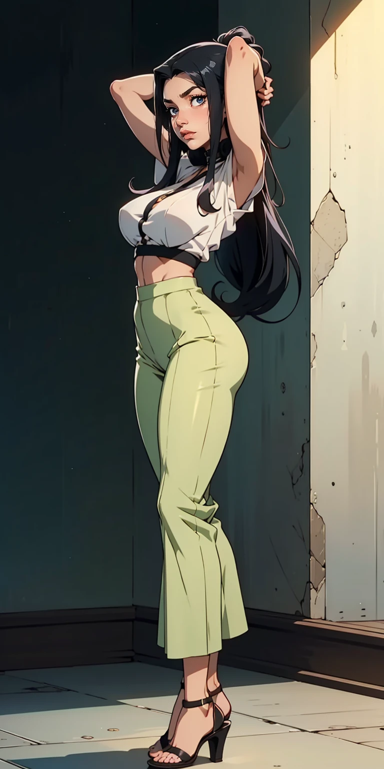 girl muscular thick black hair yellow eyes pale skin from behind tight dress ass