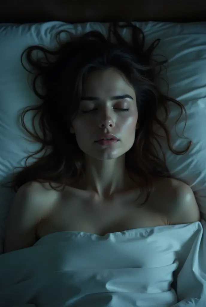 Beautiful woman , blue eyes, dark long hair, crying, lips with volumen, white sheets, room with windows you can see the  storm,  giving birth, desperate face