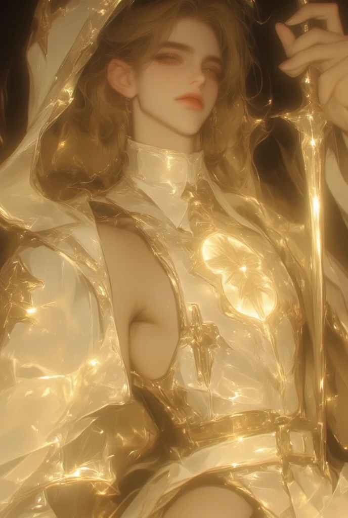 masculine, best qualityer, work of art, brown hair with two golden horns on the head, jacket without shirts underneath and gold clothes