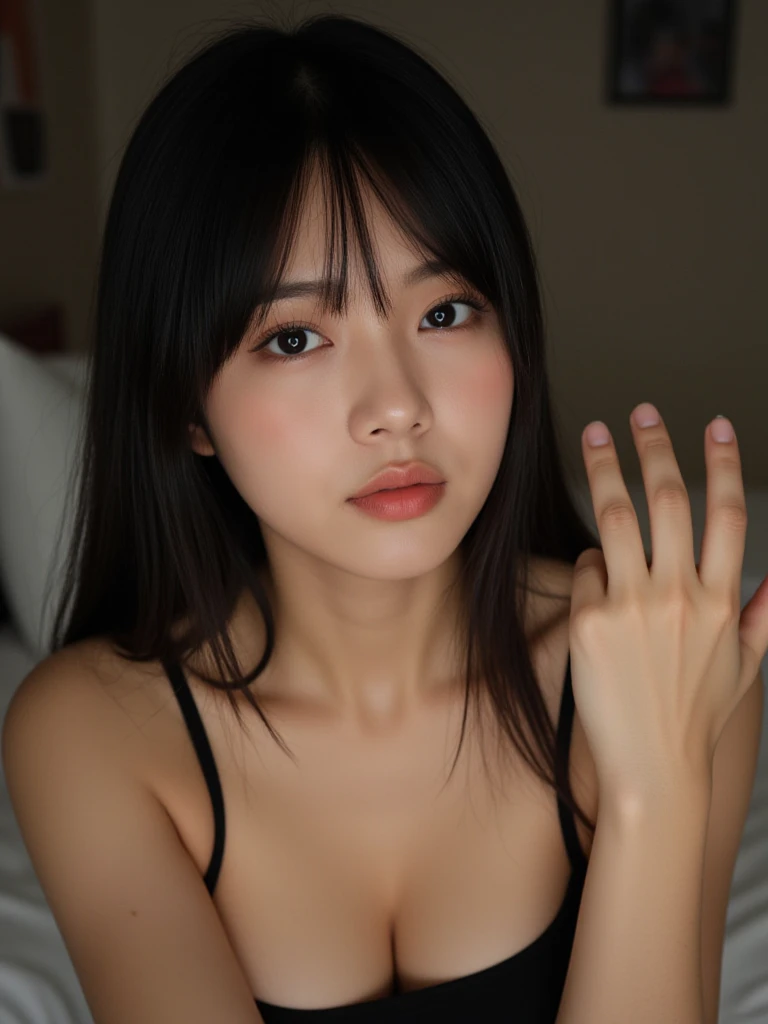 (masterpiece:1.3), high resolution, super detailed, highly detailed CG Unity 8k wallpaper, realistic, photorealistic, RAW photo, beautifully detailed face, pale skin, realistic glowing skin, detailed cloth texture, detailed hair texture, perfect body, beautiful face, accurate, anatomically correct, highly detailed face and skin texture, natural neck length, (beautiful hands), (white skin:1.1), (good teeth:1.1), (sweaty skin:1.2), BREAK, finely detailed, symmetrical eyes, light brown eyes, double eyelids, thin eyebrows, (glossy lips:1.4), ((face waiting for a kiss:1.2)), (blush:1.1), (sparkly little hair ornament:1.1), (beautiful smile:1.1), (holding a microphone:1.3), BREAK, (elegant and cute 15 year old junior idol:1.3), (nude, nsfw, very hot nipples:1.4), baby face, Blake, small breasts, slim figure, toned abs, ((half up, dark hair, bangs:1.2)), (cowboy shot:1.2), (looking at viewer), cowboy shot, from above, Blake, (lying on bed:1.3), Harajuku, 20 year old girl, cute, sexy shot looking at camera