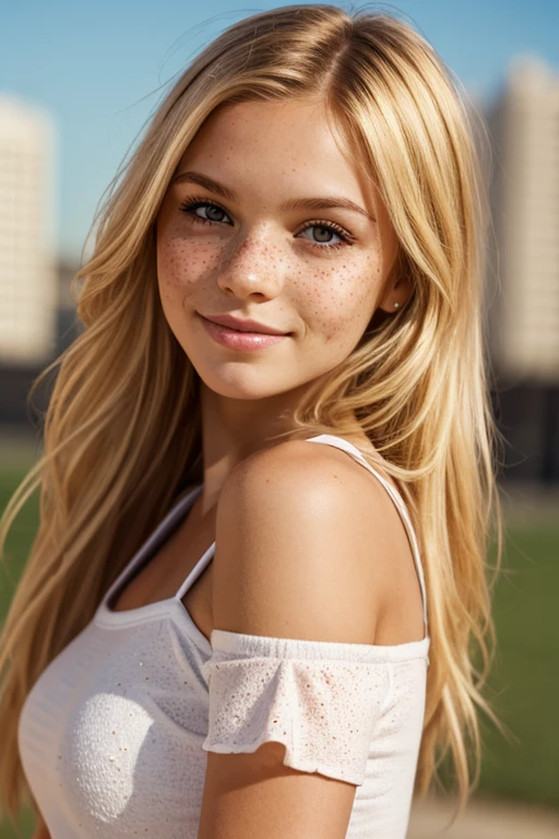side pose of a 15yo blonde Sweden model, long blonde hair, wearing casual outfit, fresh smile, beautiful makeup on her face and eyes, pink cheeks, sitting and smiling in a cafe, long straight blonde hairs, flirty look, straight hairs, perfect curvy body, brown eyes, blonde hairs, realistic skin texture, realistic photography